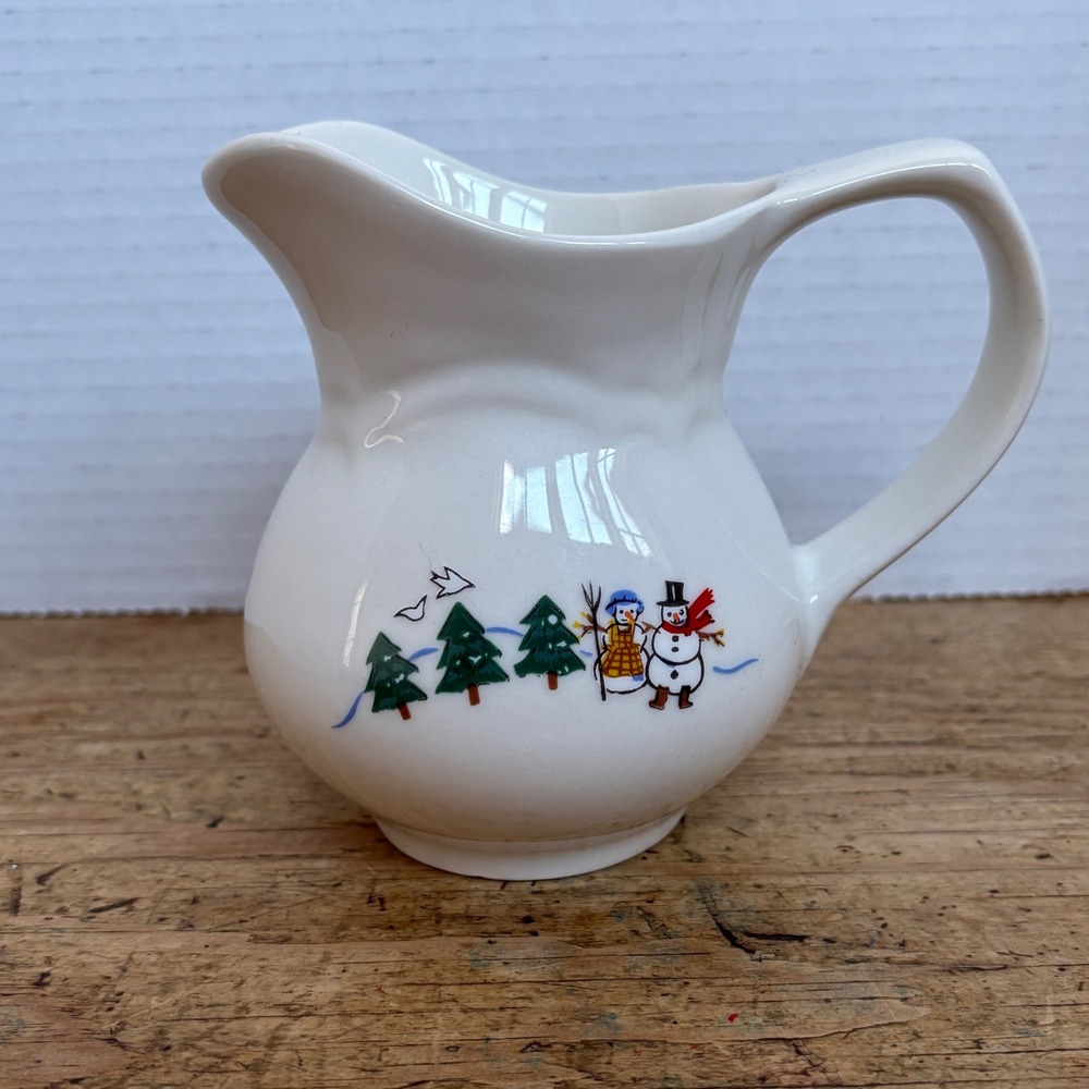Pfaltzgraff Snow Village‎ Creamer Pitcher White Stoneware Snowman Sledding Scene